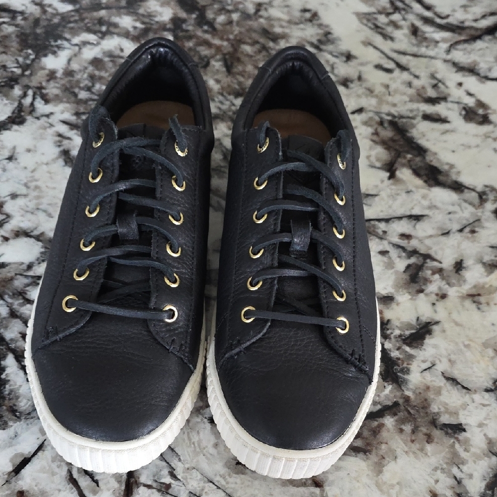 Black Leather Sneakers with Gold Eyelets